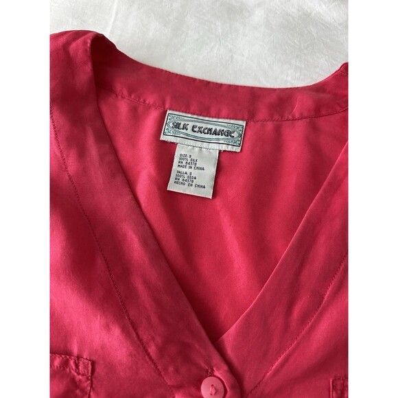 Silk Exchange Blouse Size S Hot Pink Short Sleeve Button-down Pockets 100% Silk - Picture 2 of 8